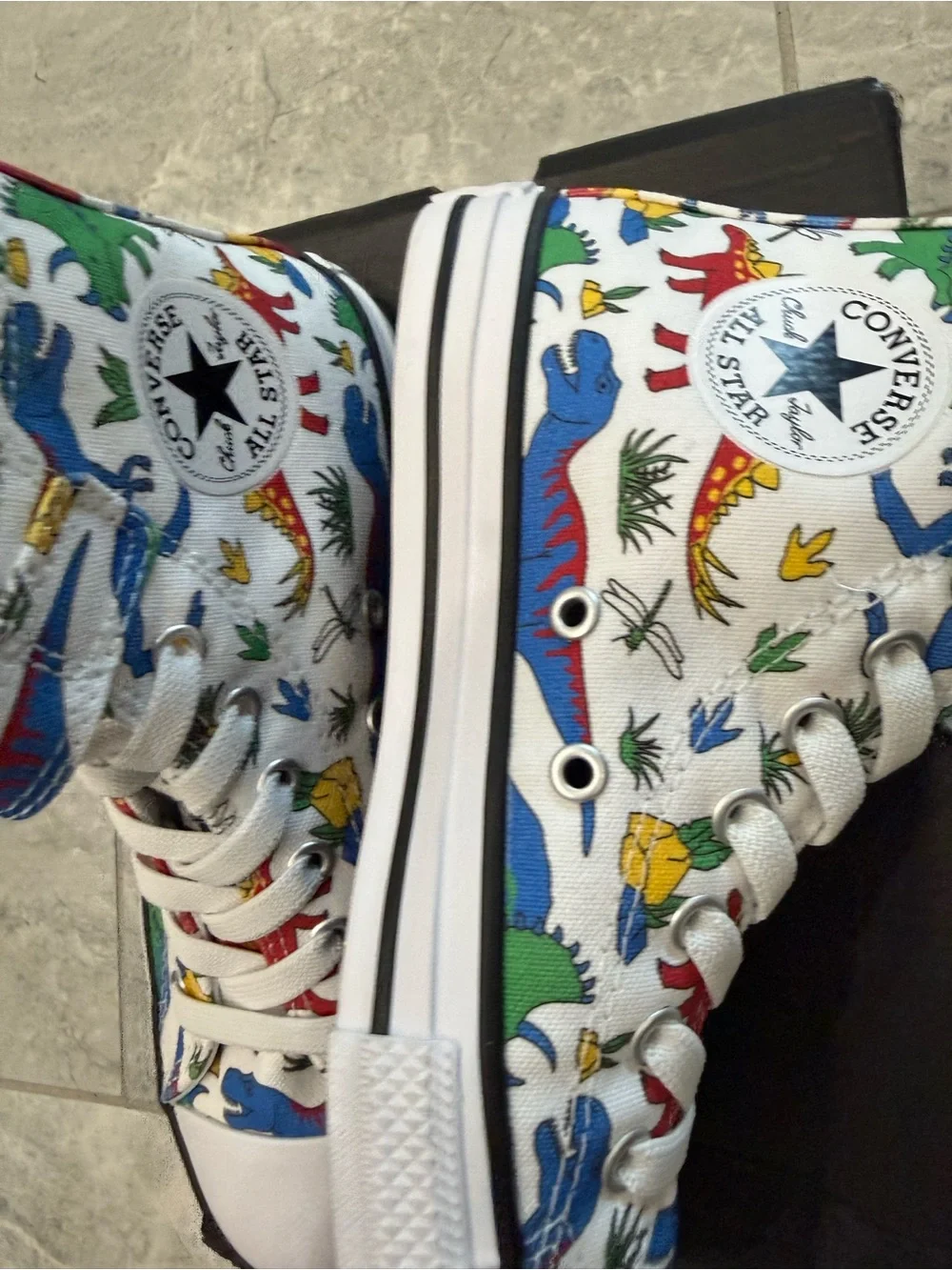 New boys Converse Sz 2 High Top Shoes White with Red, Blue Dino Print